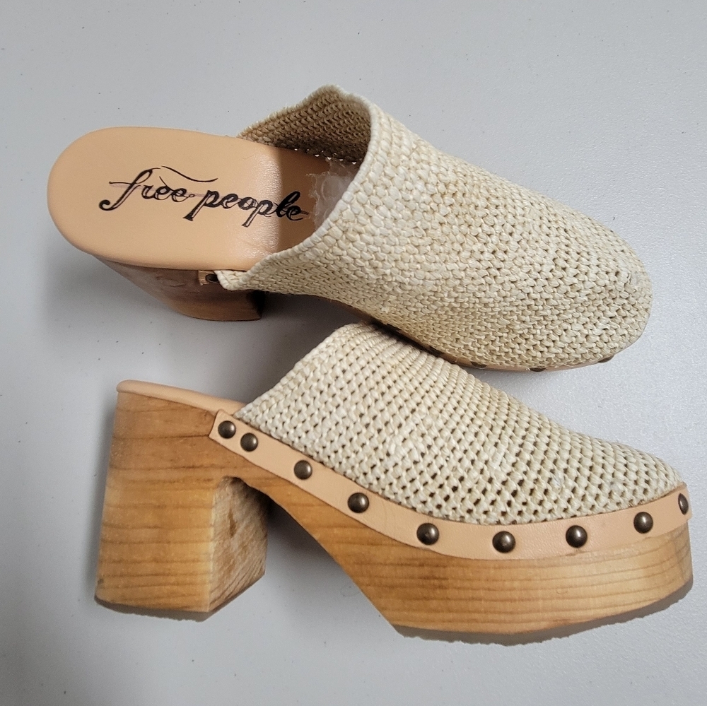 Free People Cream Woven Leather-Trim Clog Mules